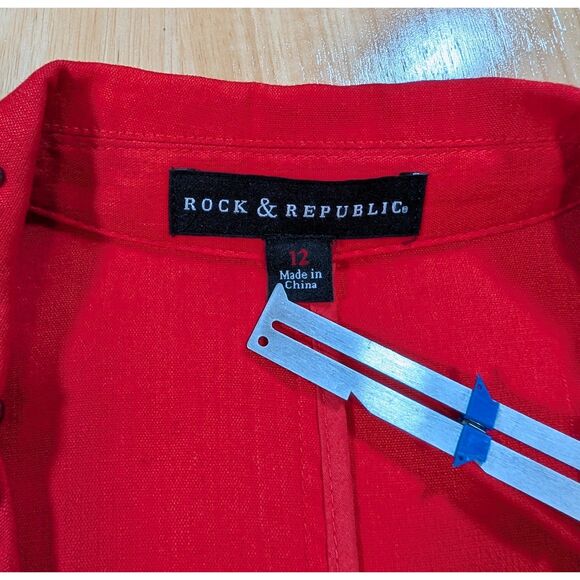 Rock & Republic Womens Blazer Red Studded Linen Blend Open Front Size 12 - Picture 2 of 6